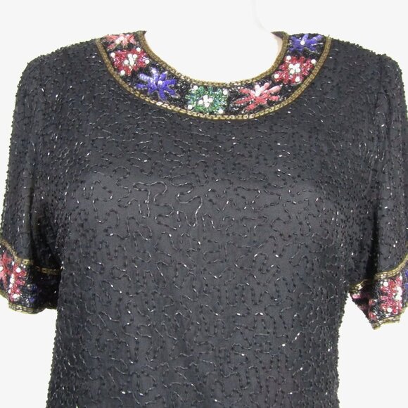 VTG 80s 90s SILK Beaded Sequin GLAM Holiday Event Party Kazar Blouse Top PL - Picture 3 of 12